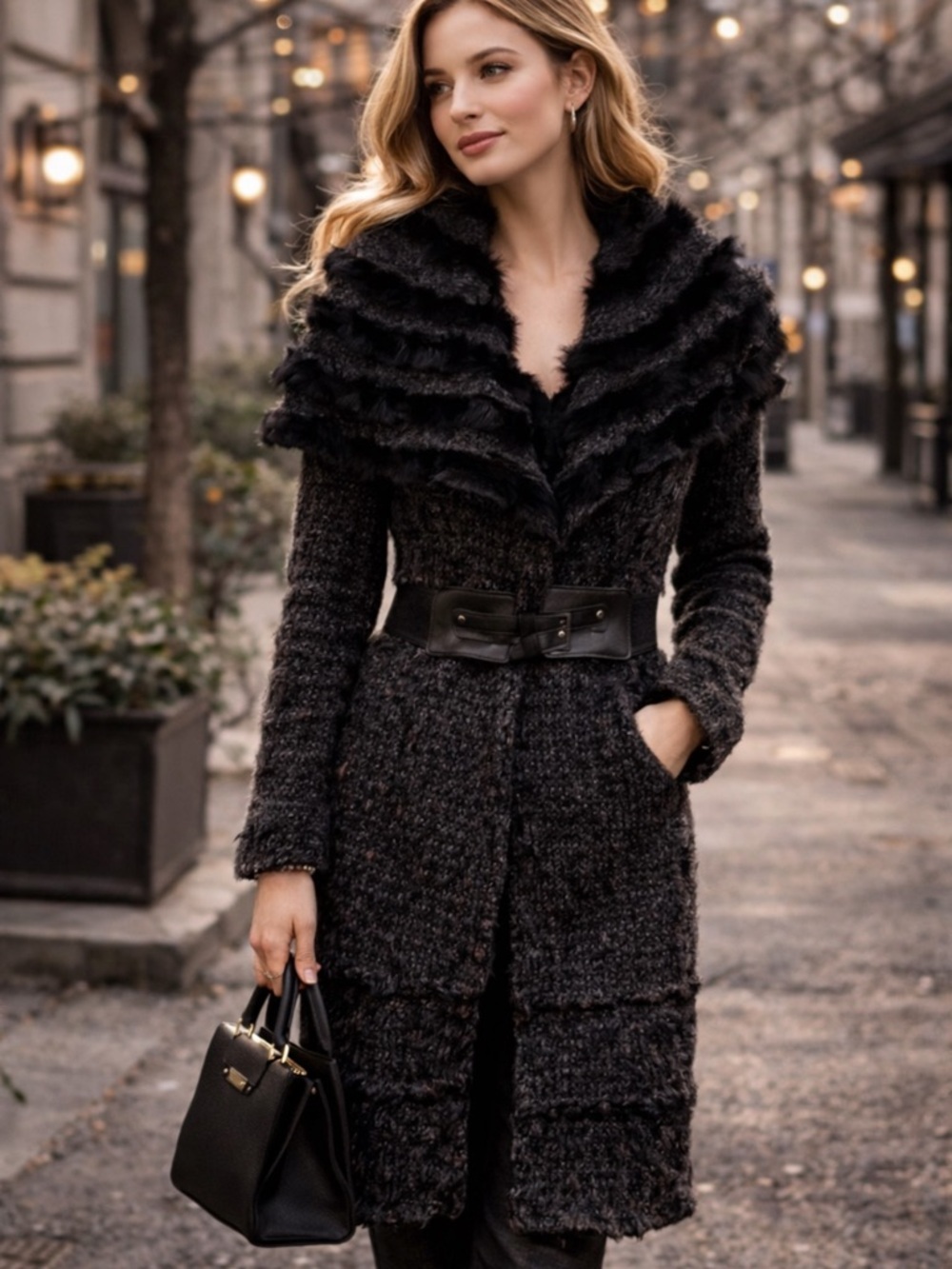 Slonl Mohair Wool Belted Sweater Coat S Rabbit Fur